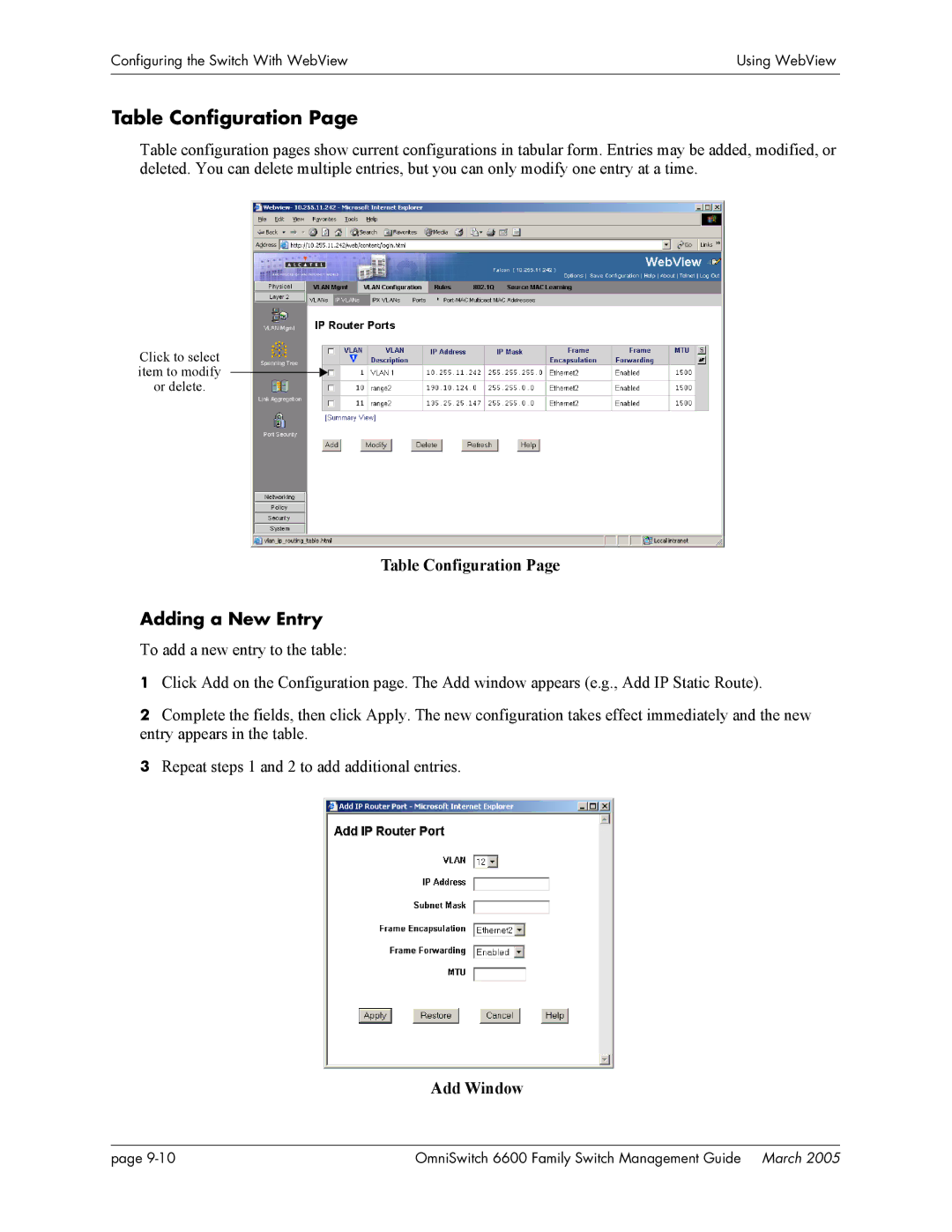 Alcatel Carrier Internetworking Solutions omniswitch manual Table Configuration, Adding a New Entry, Add Window 