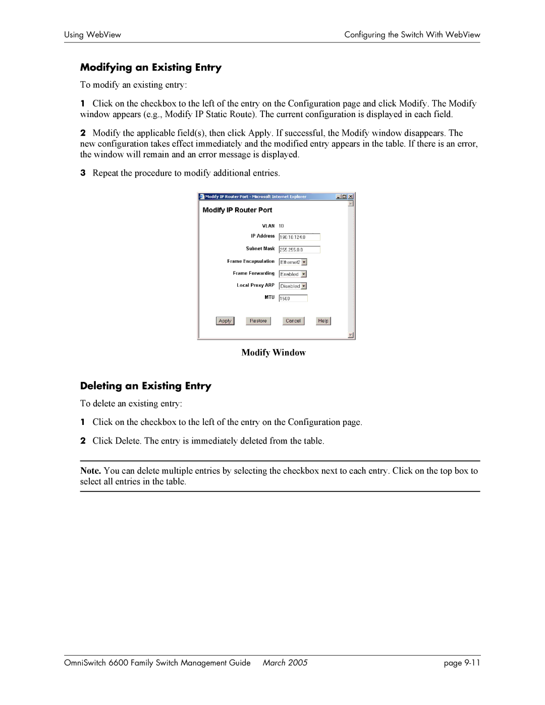 Alcatel Carrier Internetworking Solutions omniswitch manual Modifying an Existing Entry, Deleting an Existing Entry 