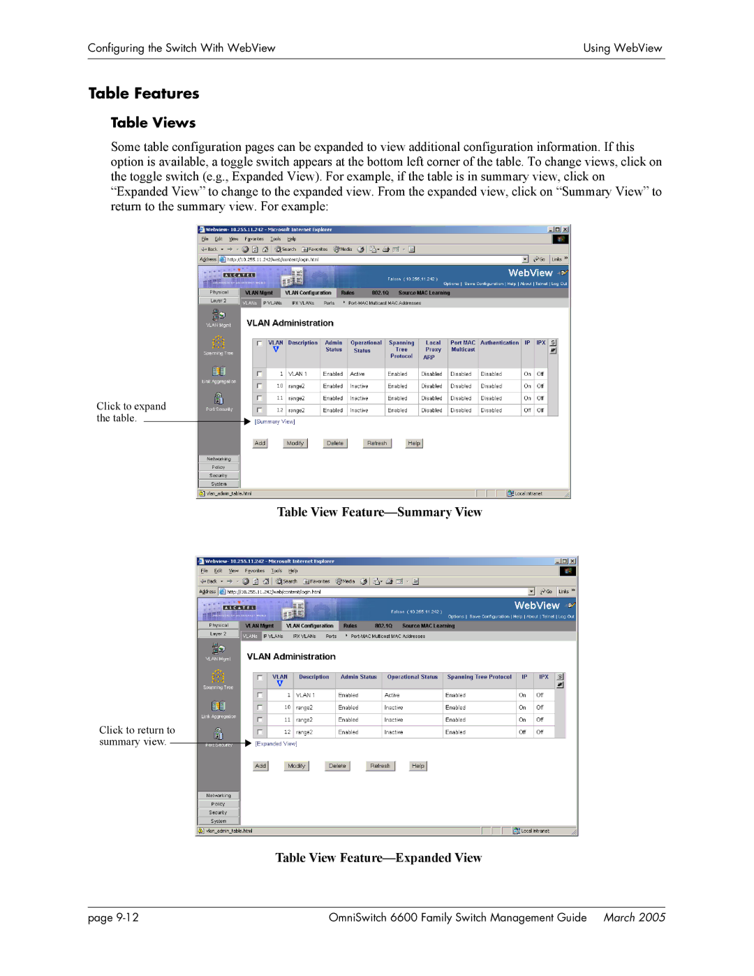 Alcatel Carrier Internetworking Solutions omniswitch manual Table Features, Table Views, Table View Feature-Summary View 