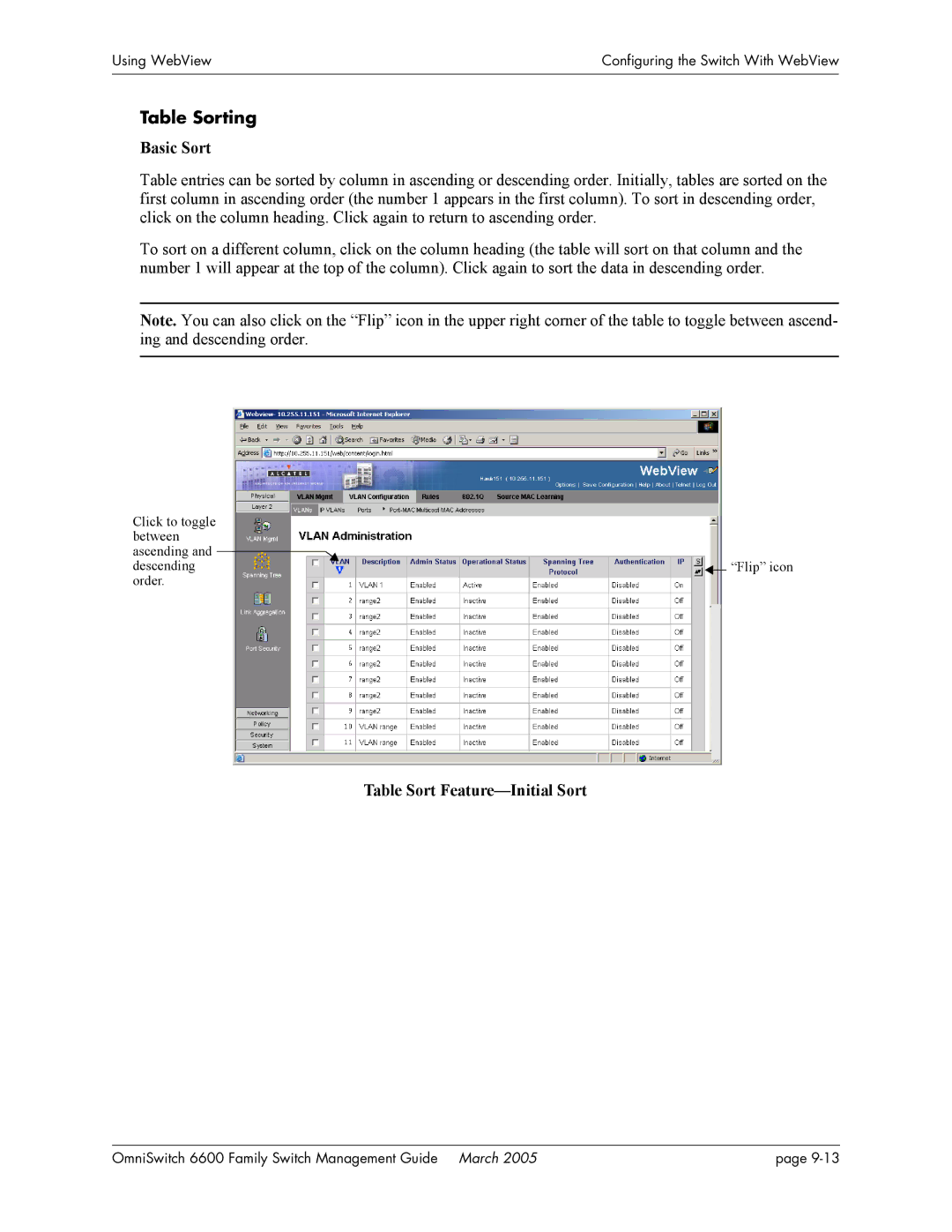 Alcatel Carrier Internetworking Solutions omniswitch manual Table Sorting, Basic Sort, Table Sort Feature-Initial Sort 