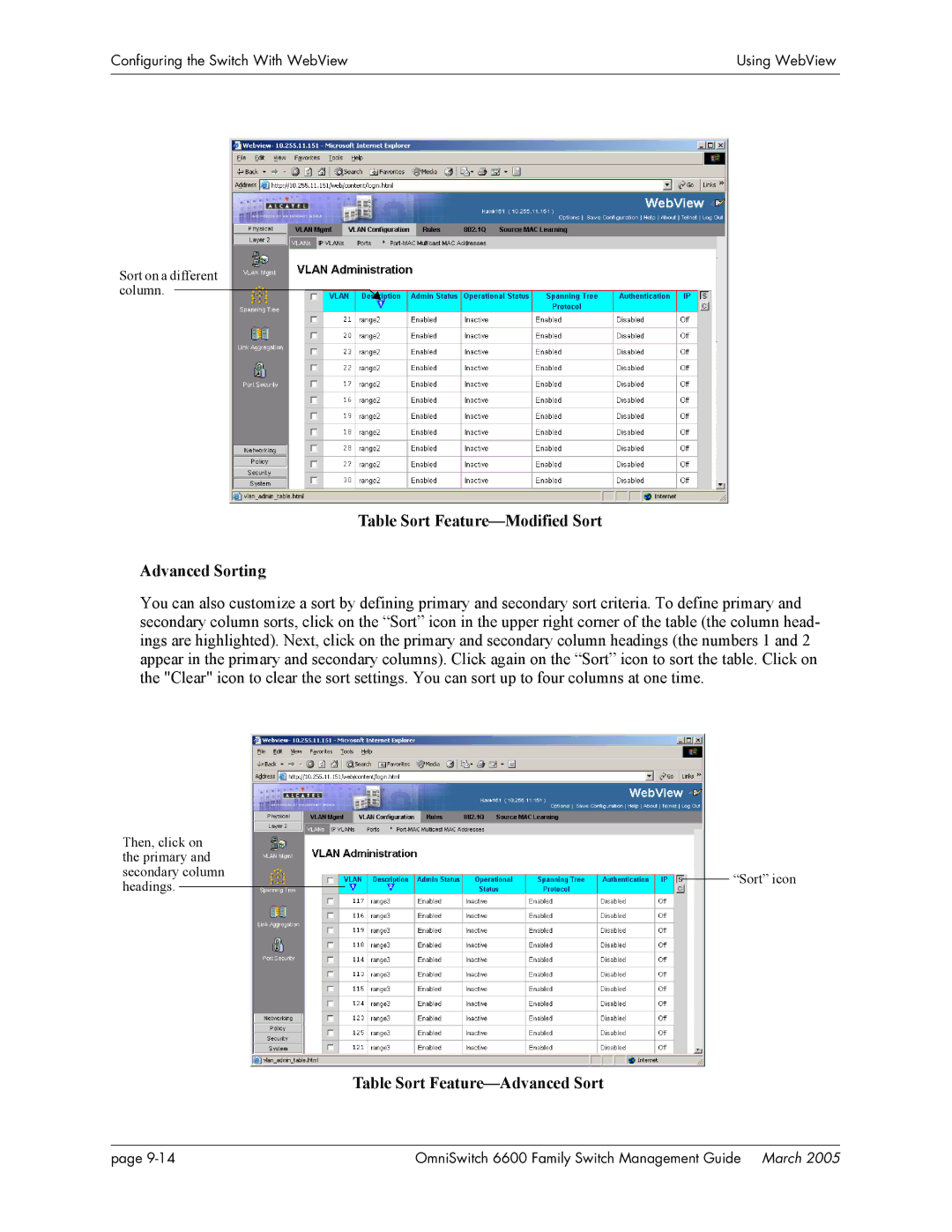 Alcatel Carrier Internetworking Solutions omniswitch manual Table Sort Feature-Modified Sort Advanced Sorting 