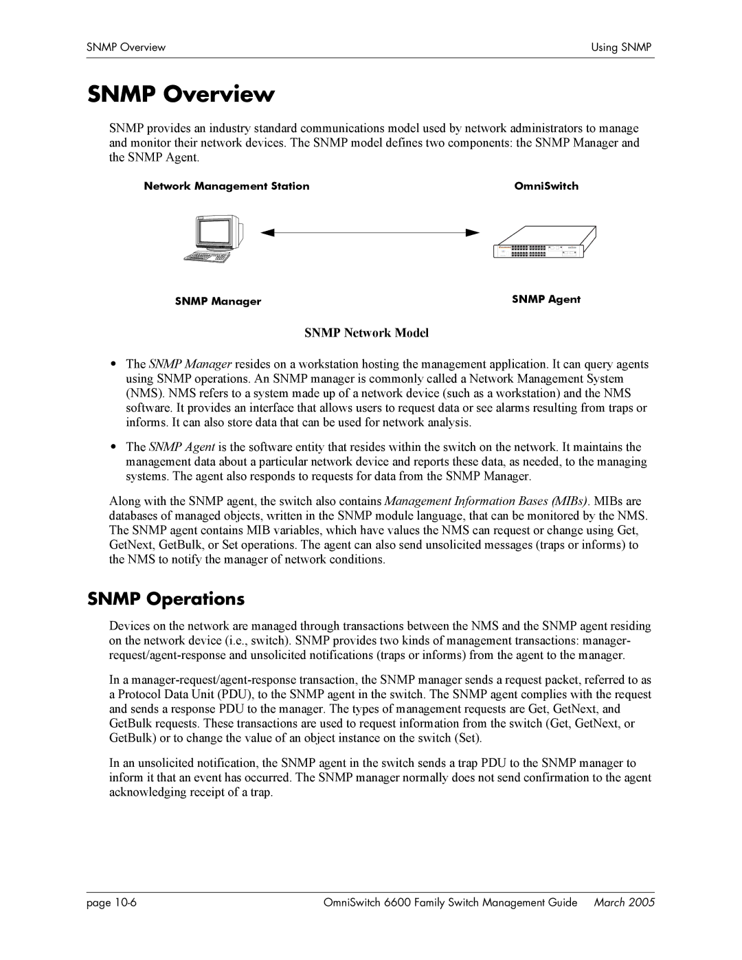 Alcatel Carrier Internetworking Solutions omniswitch manual Snmp Overview, Snmp Operations, Snmp Network Model 