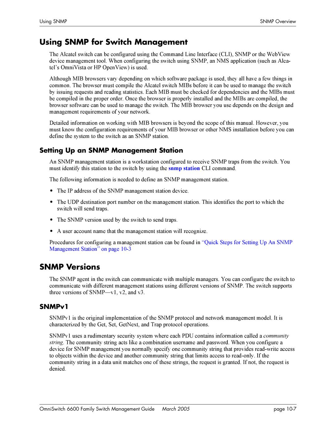 Alcatel Carrier Internetworking Solutions omniswitch manual Using Snmp for Switch Management, Snmp Versions, SNMPv1 