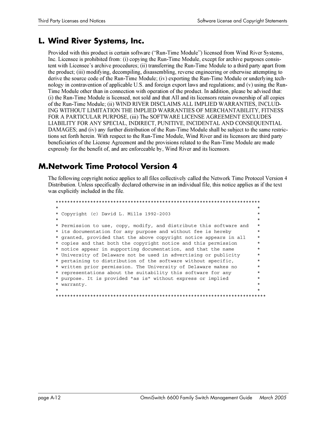 Alcatel Carrier Internetworking Solutions omniswitch manual Wind River Systems, Inc, Network Time Protocol Version 