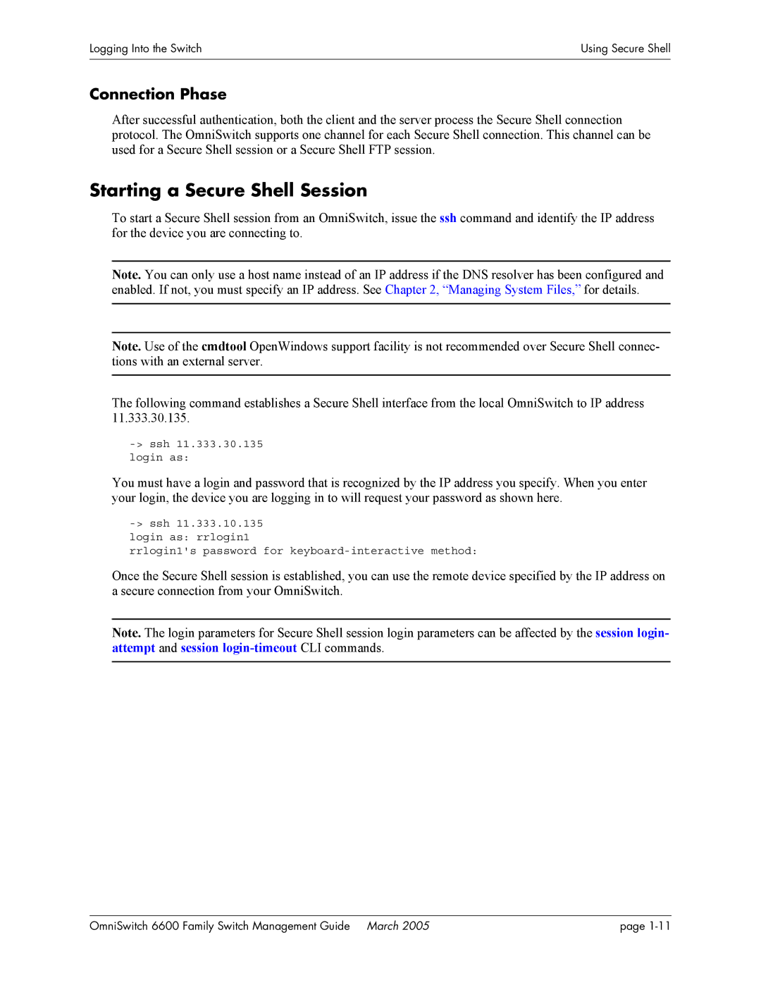 Alcatel Carrier Internetworking Solutions omniswitch manual Starting a Secure Shell Session, Connection Phase 