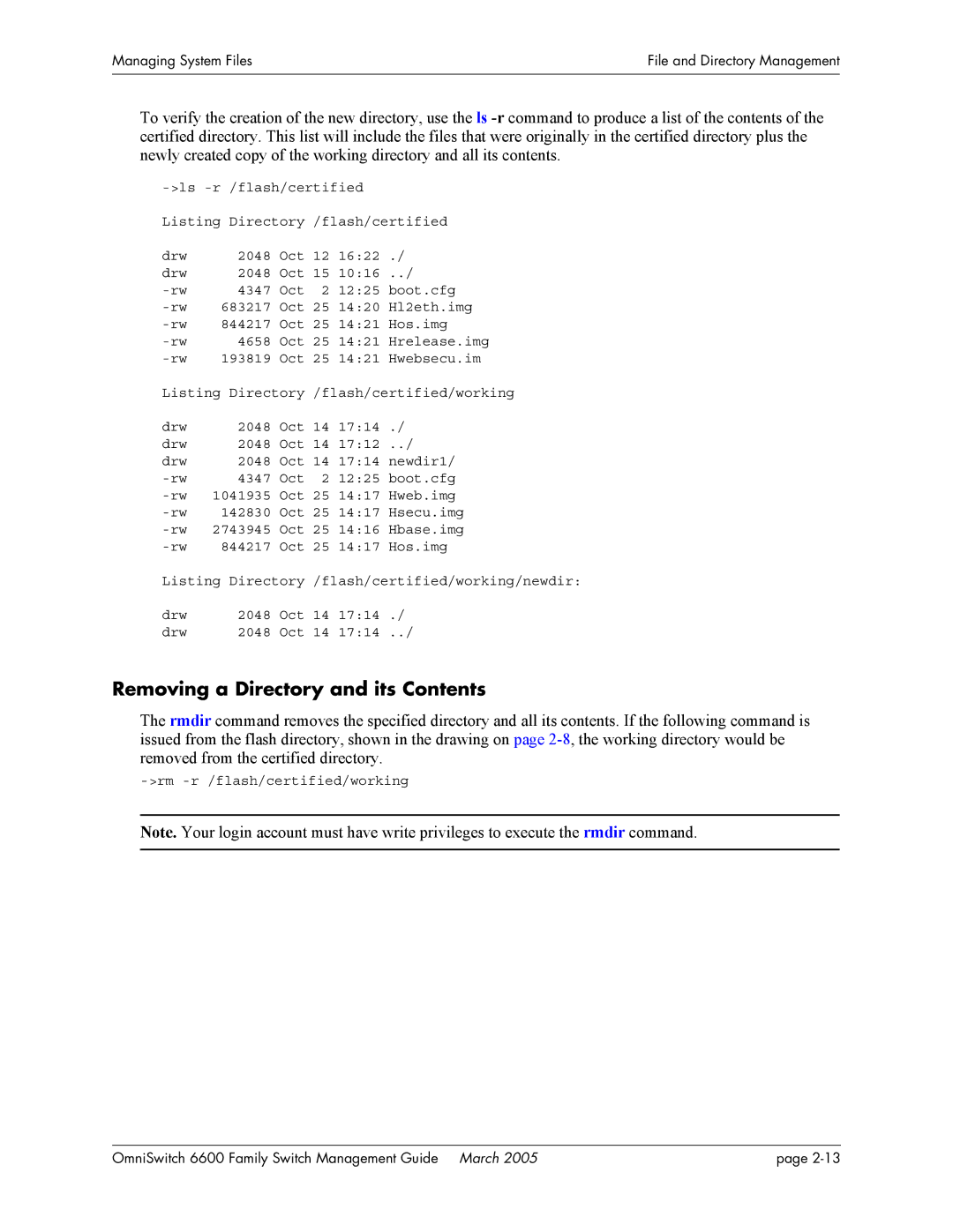 Alcatel Carrier Internetworking Solutions omniswitch manual Removing a Directory and its Contents 