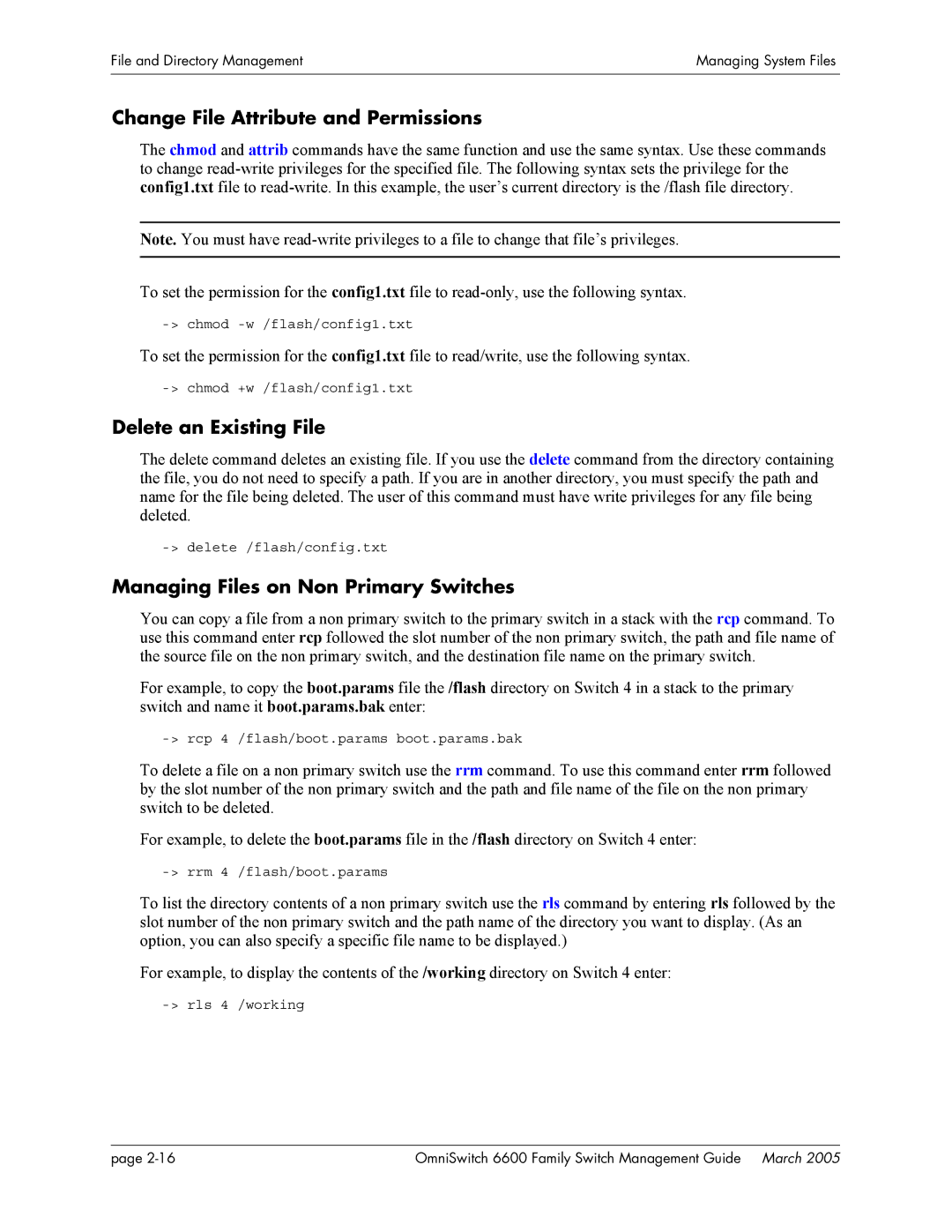 Alcatel Carrier Internetworking Solutions omniswitch manual Change File Attribute and Permissions, Delete an Existing File 