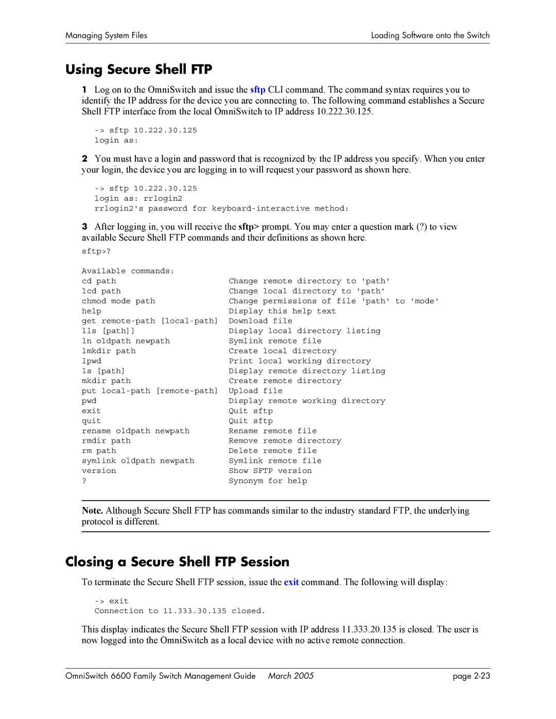 Alcatel Carrier Internetworking Solutions omniswitch manual Using Secure Shell FTP, Closing a Secure Shell FTP Session 