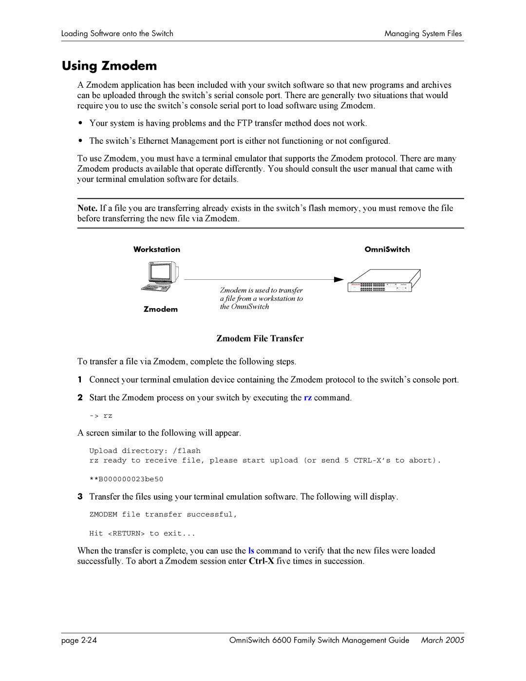 Alcatel Carrier Internetworking Solutions omniswitch manual Using Zmodem, Zmodem File Transfer 