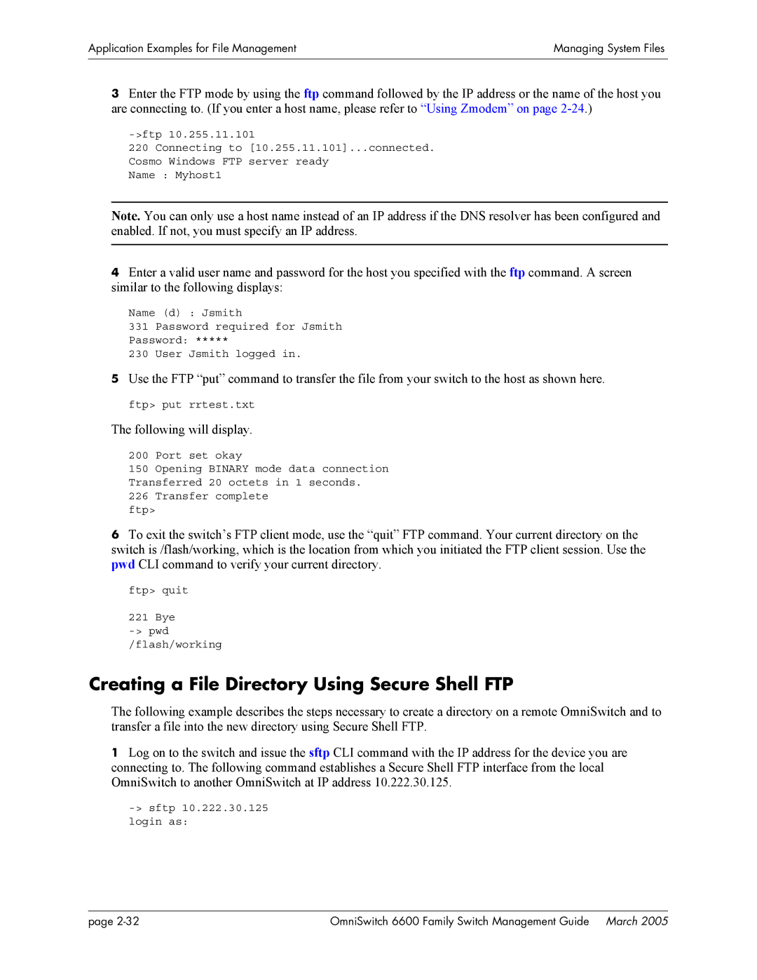 Alcatel Carrier Internetworking Solutions omniswitch manual Creating a File Directory Using Secure Shell FTP 