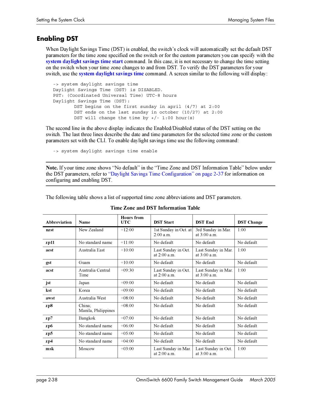 Alcatel Carrier Internetworking Solutions omniswitch manual Enabling DST, Time Zone and DST Information Table 