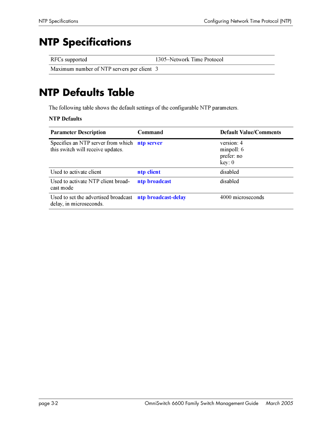 Alcatel Carrier Internetworking Solutions omniswitch manual NTP Specifications, NTP Defaults Table 