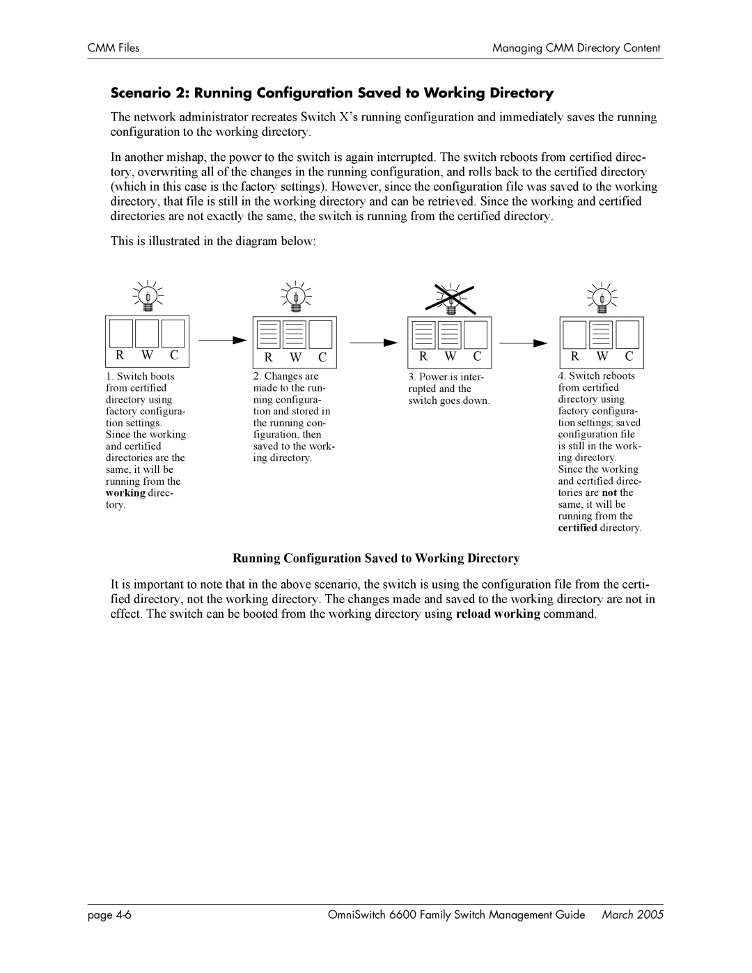 Alcatel Carrier Internetworking Solutions omniswitch manual Scenario 2 Running Configuration Saved to Working Directory 