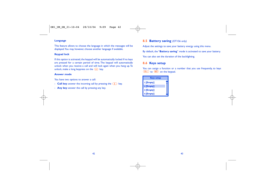 Alcatel Carrier Internetworking Solutions Onetouch 155 Battery saving OT156 only, Keys setup, Language, Answer mode 