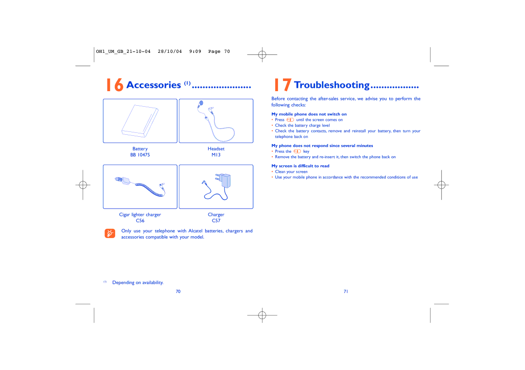 Alcatel Carrier Internetworking Solutions Onetouch 155, Onetouch 156 16Accessories, 17Troubleshooting 