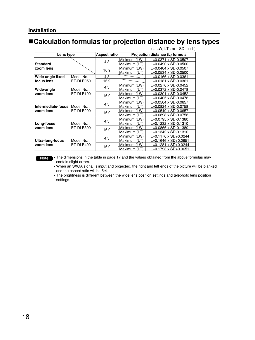 Alcatel Carrier Internetworking Solutions TQBJ0223 manual Calculation formulas for projection distance by lens types 