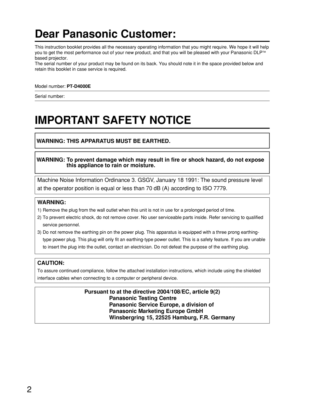 Alcatel Carrier Internetworking Solutions TQBJ0223 manual Dear Panasonic Customer, Important Safety Notice 