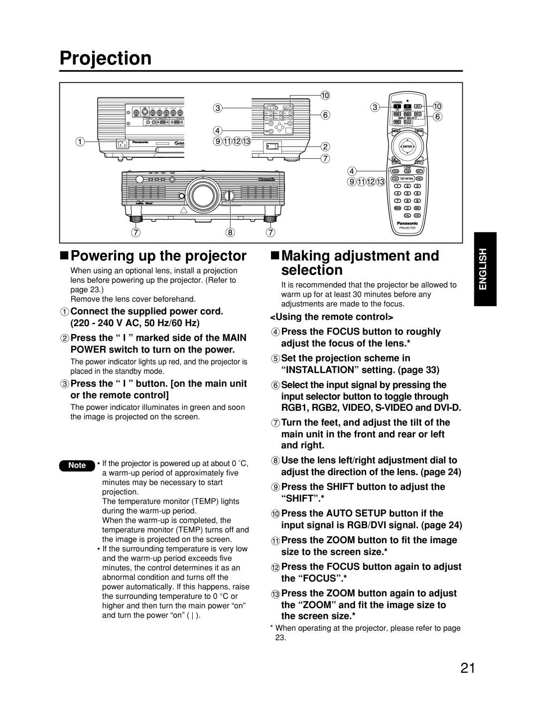 Alcatel Carrier Internetworking Solutions TQBJ0223 Projection, Powering up the projector, Making adjustment and selection 