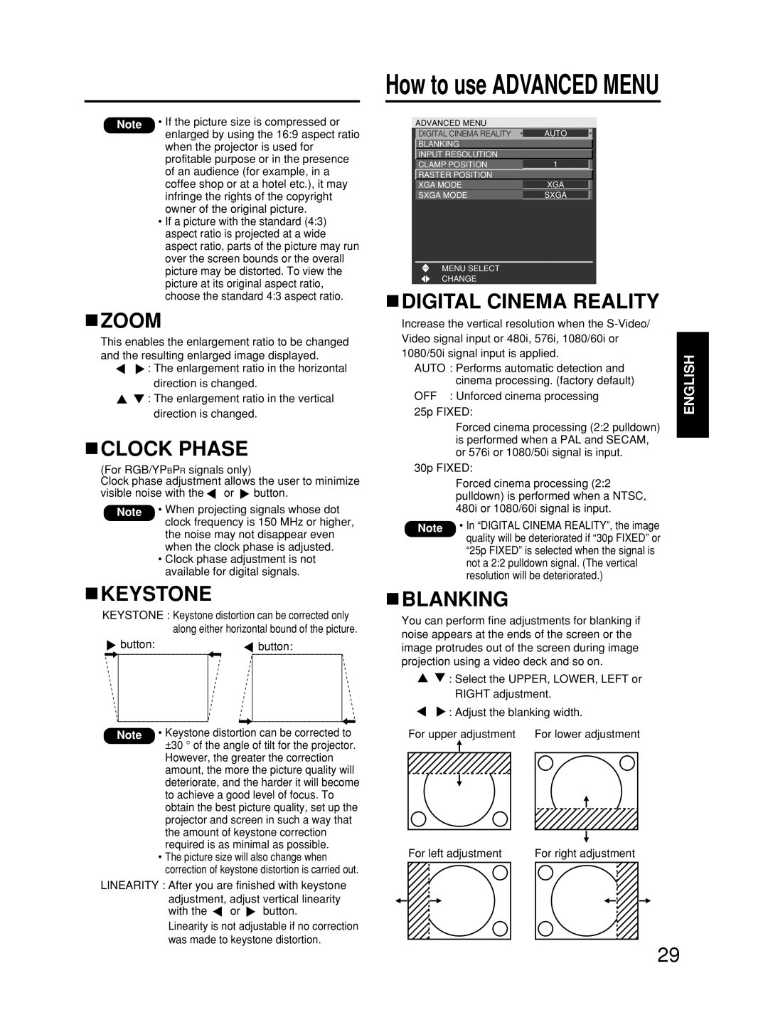 Alcatel Carrier Internetworking Solutions TQBJ0223 manual Zoom, Clock Phase, Keystone, Digital Cinema Reality, Blanking 