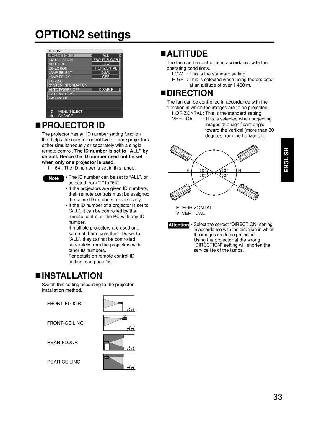 Alcatel Carrier Internetworking Solutions TQBJ0223 manual OPTION2 settings, Projector ID, Altitude, Direction, Installation 