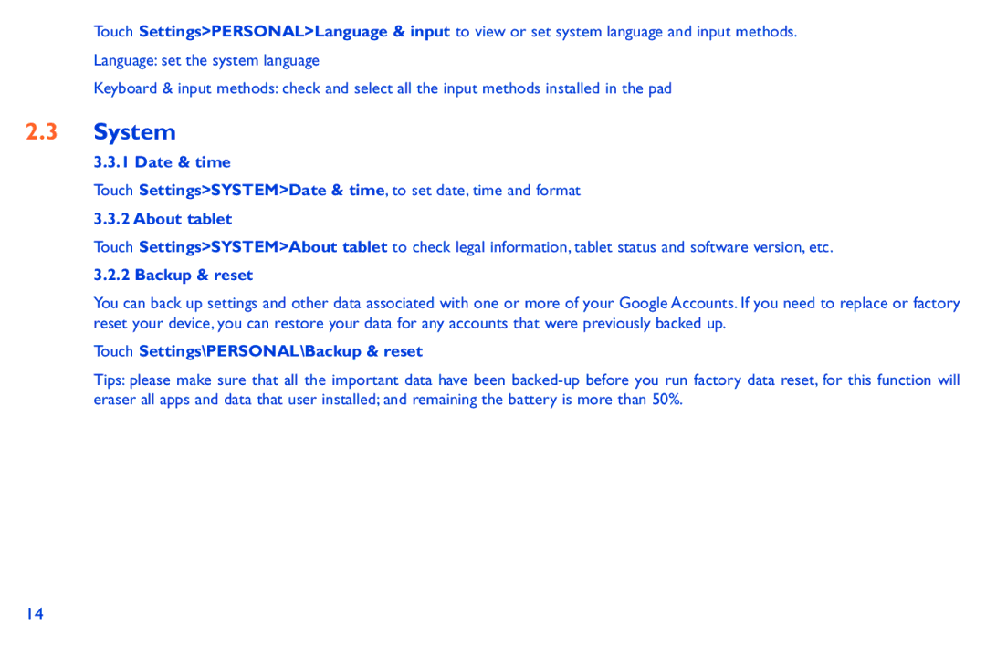Alcatel Evo 7 manual System, Date & time, About tablet, Touch Settings\PERSONAL\Backup & reset 