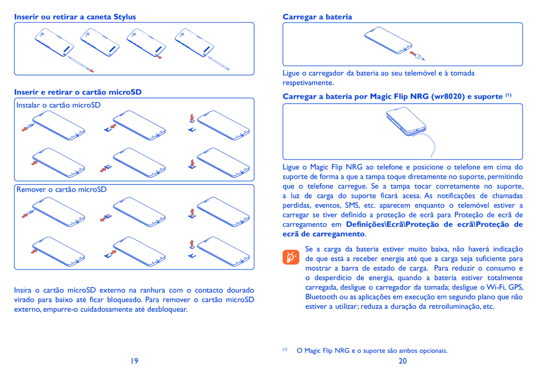 Alcatel HERO manual Inserir ou retirar a caneta Stylus, Inserir e retirar o cartão microSD 