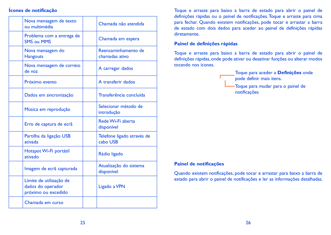 Alcatel HERO manual Ícones de notificação, Painel de definições rápidas, Painel de notificações 