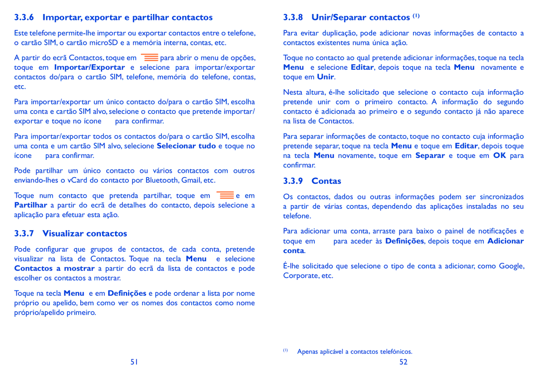 Alcatel HERO manual Importar, exportar e partilhar contactos, Visualizar contactos, Unir/Separar contactos, Contas 