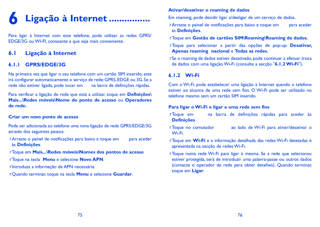 Alcatel HERO manual Ligação à Internet, GPRS/EDGE/3G, Wi-Fi 