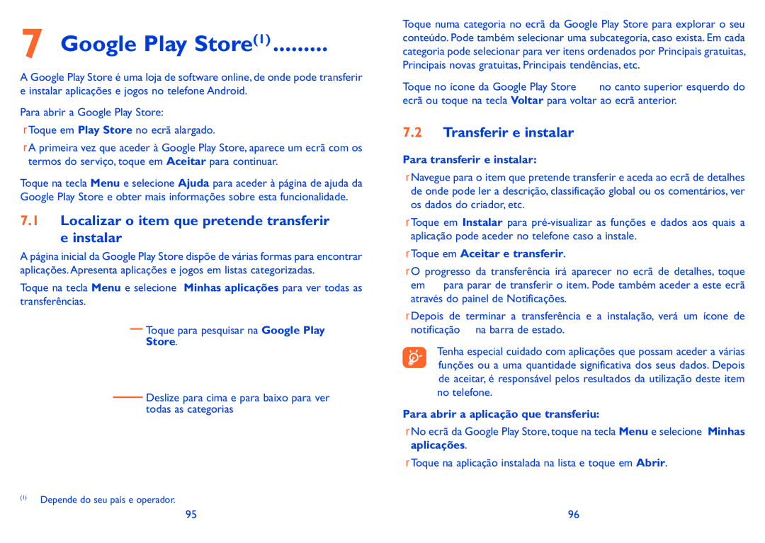 Alcatel HERO manual Google Play Store1, Localizar o item que pretende transferir e instalar, Transferir e instalar 