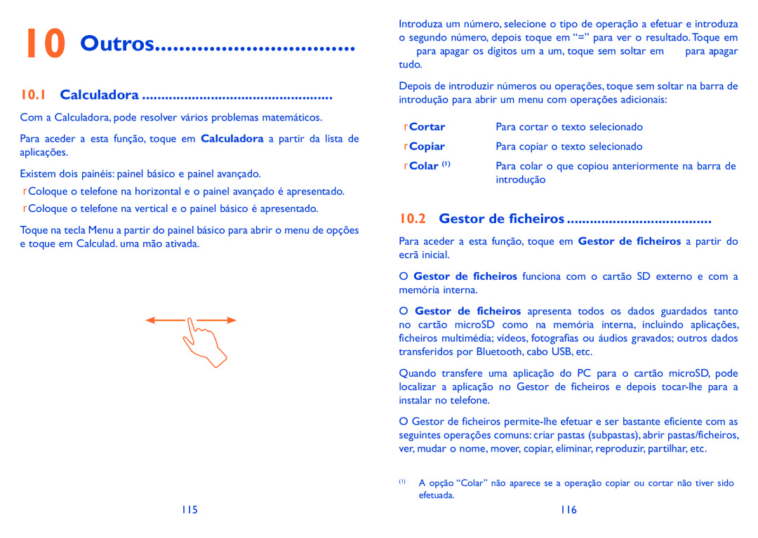 Alcatel HERO manual Outros, Calculadora, Gestor de ficheiros, Cortar 