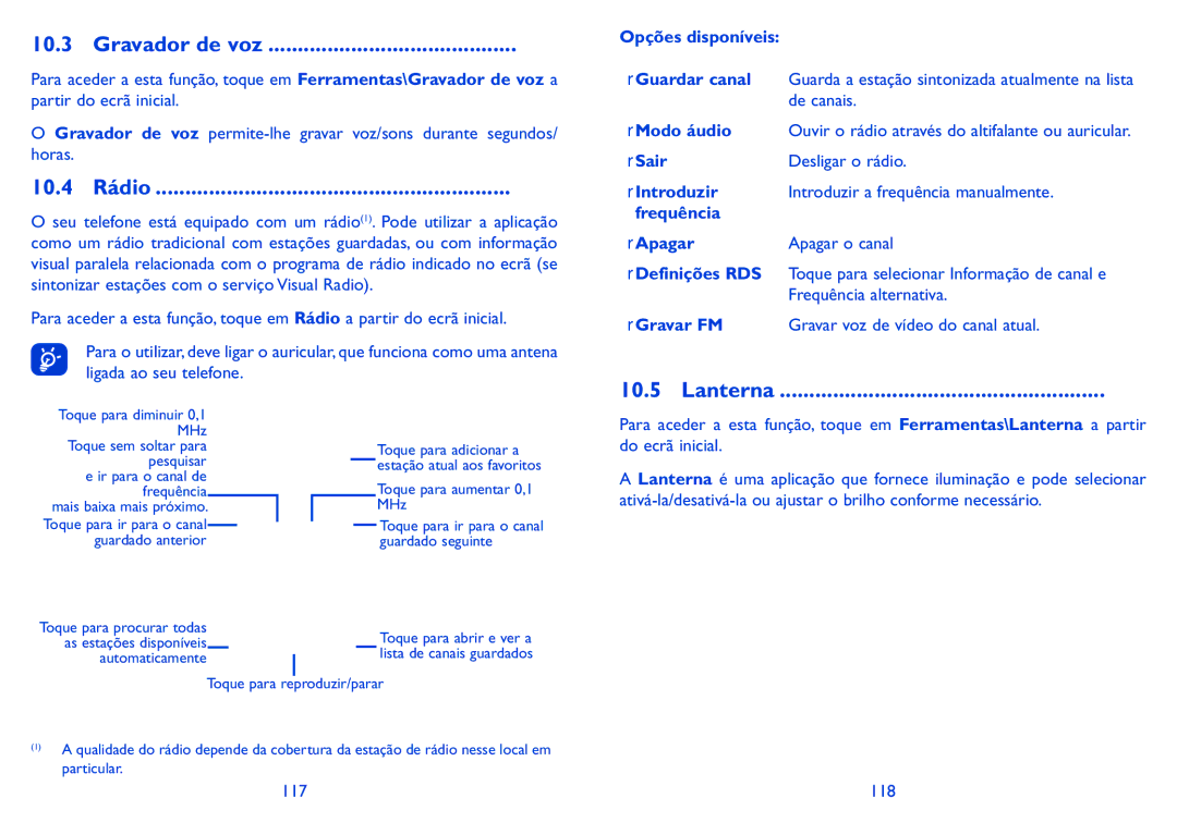 Alcatel HERO manual Gravador de voz, 10.4 Rádio, Lanterna 