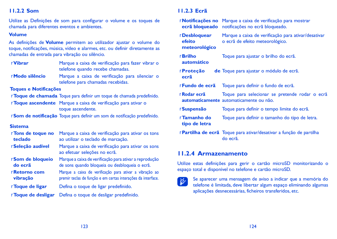 Alcatel HERO manual Armazenamento, 11.2.2 Som, 11.2.3 Ecrã 
