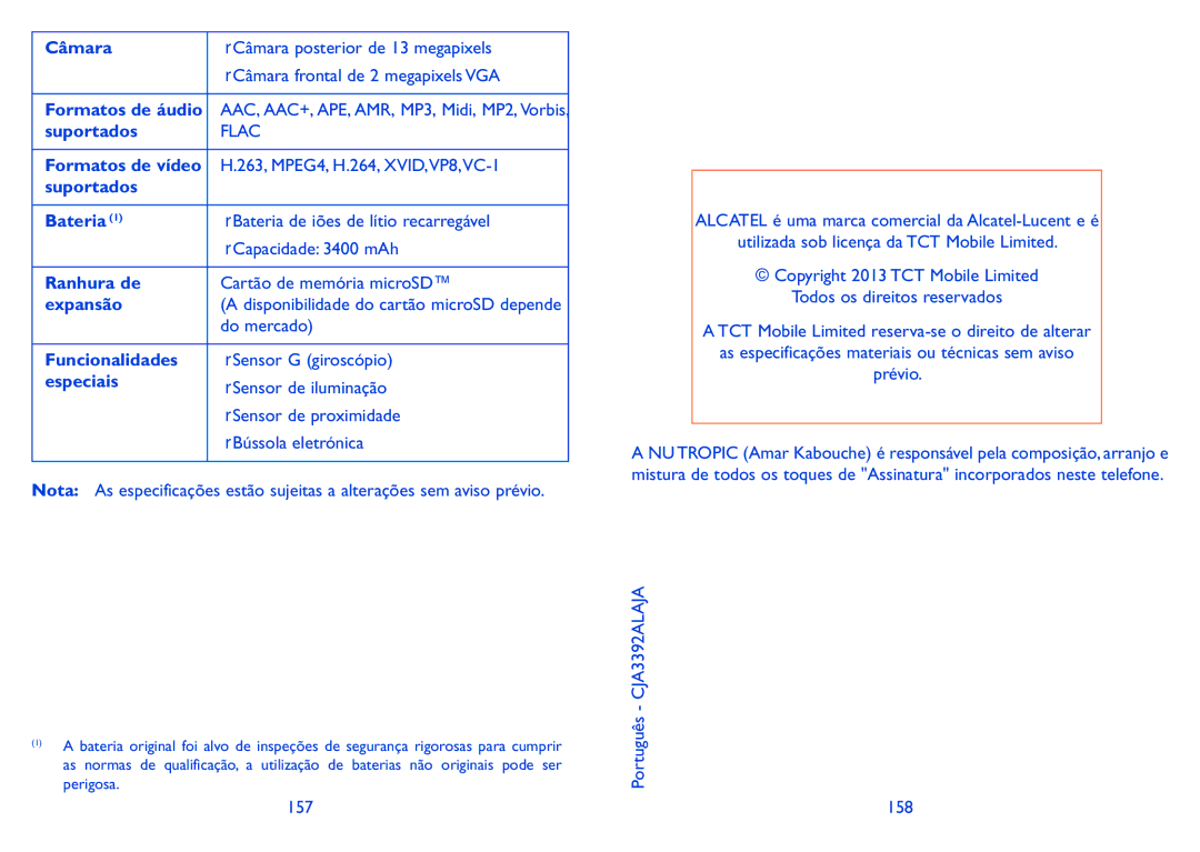 Alcatel HERO manual Câmara, Suportados Bateria, Ranhura de, Expansão, Funcionalidades, Especiais 