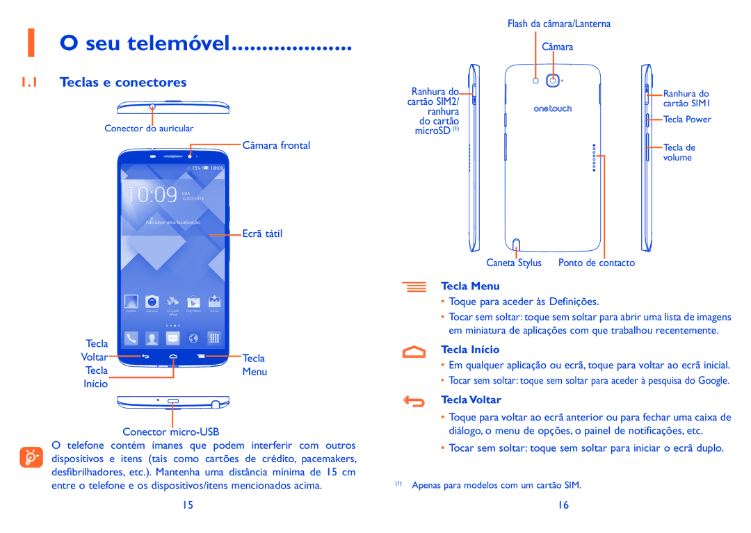 Alcatel HERO manual Seu telemóvel, Teclas e conectores, Tecla Menu, Tecla Início, Tecla Voltar 