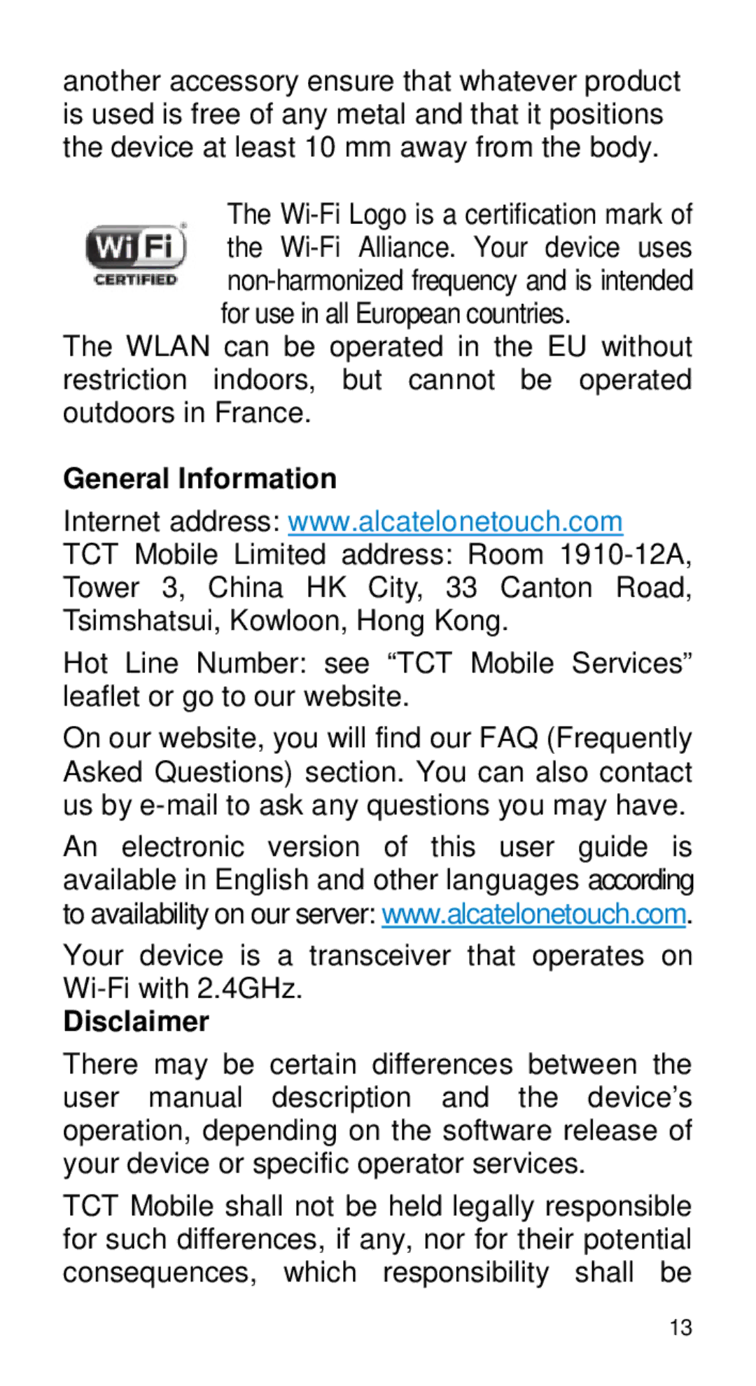 Alcatel Home V101 manual General Information, Disclaimer 