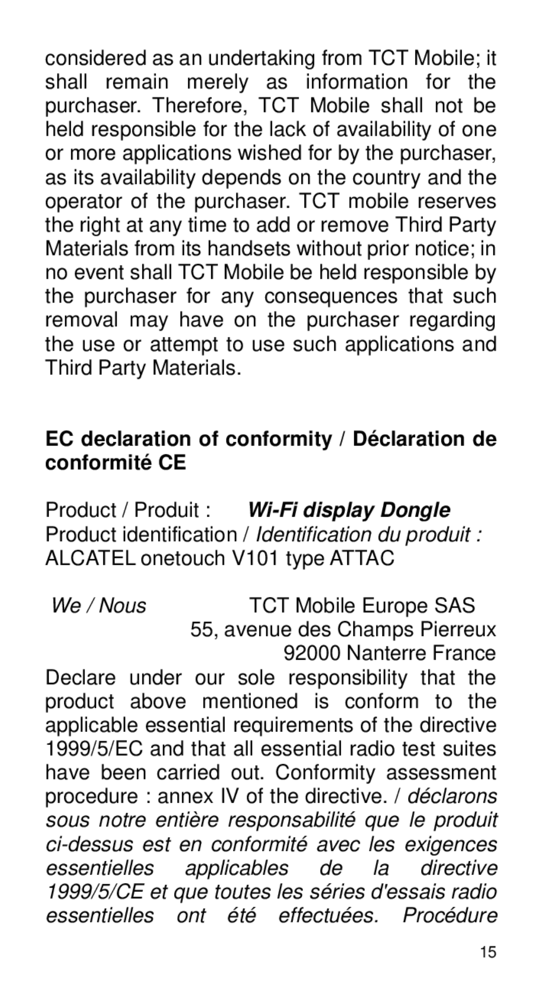 Alcatel Home V101 manual EC declaration of conformity / Déclaration de conformité CE, Nanterre France 