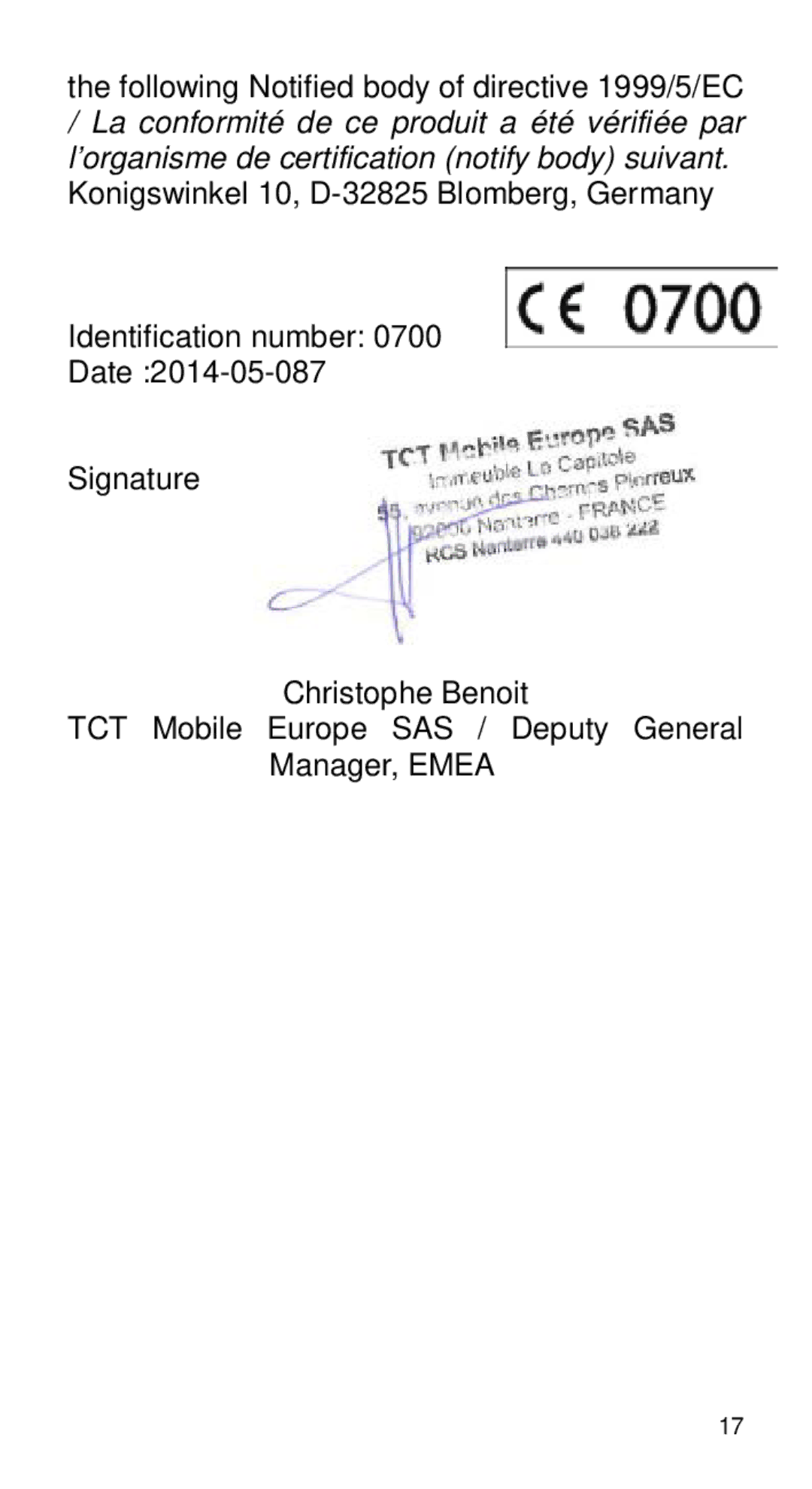 Alcatel Home V101 manual Following Notified body of directive 1999/5/EC 