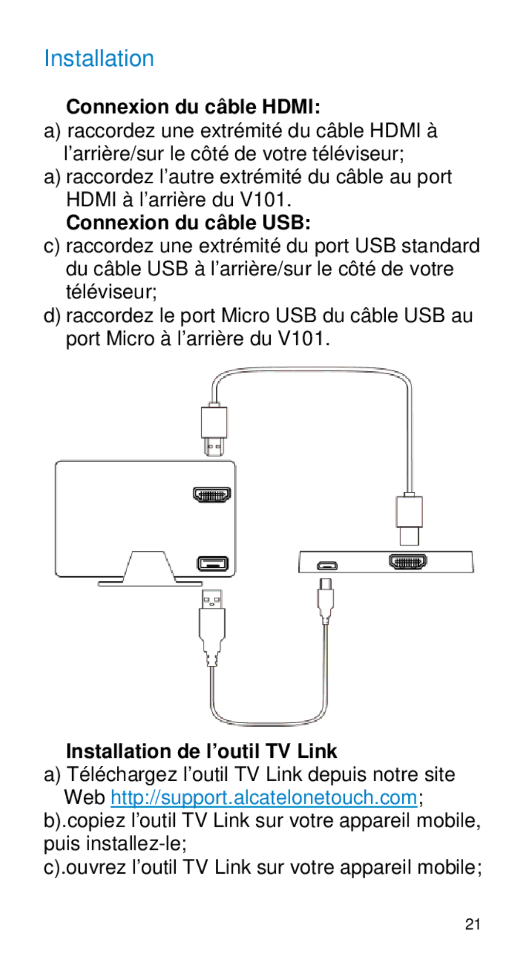 Alcatel Home V101 manual Connexion du câble Hdmi, Connexion du câble USB, Installation de l’outil TV Link 