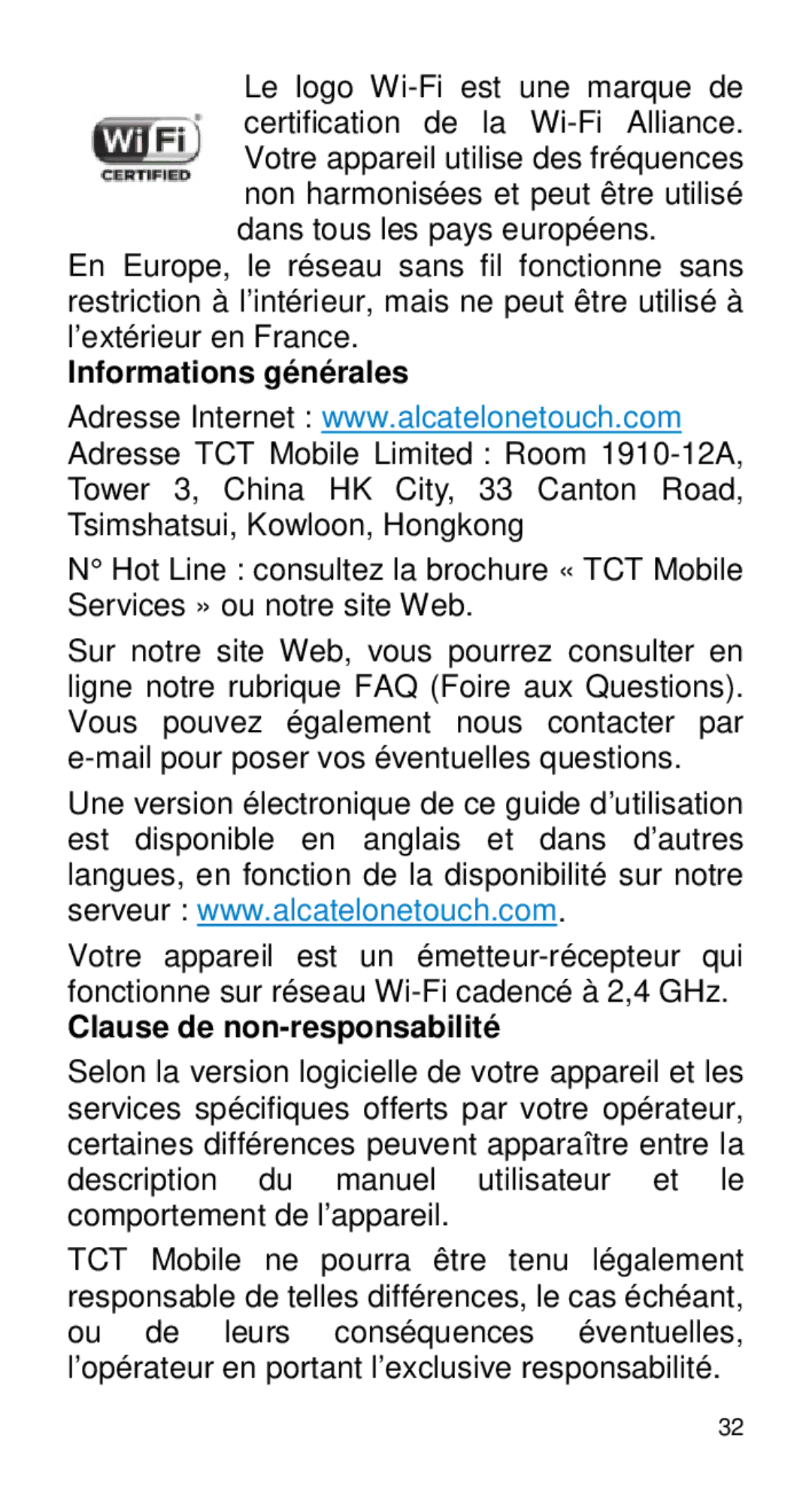 Alcatel Home V101 manual Informations générales, Clause de non-responsabilité 