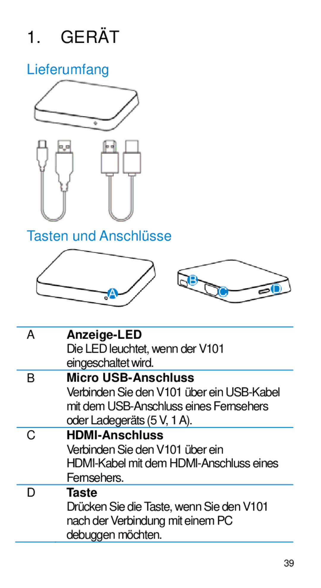 Alcatel Home V101 manual Gerät, Lieferumfang Tasten und Anschlüsse 