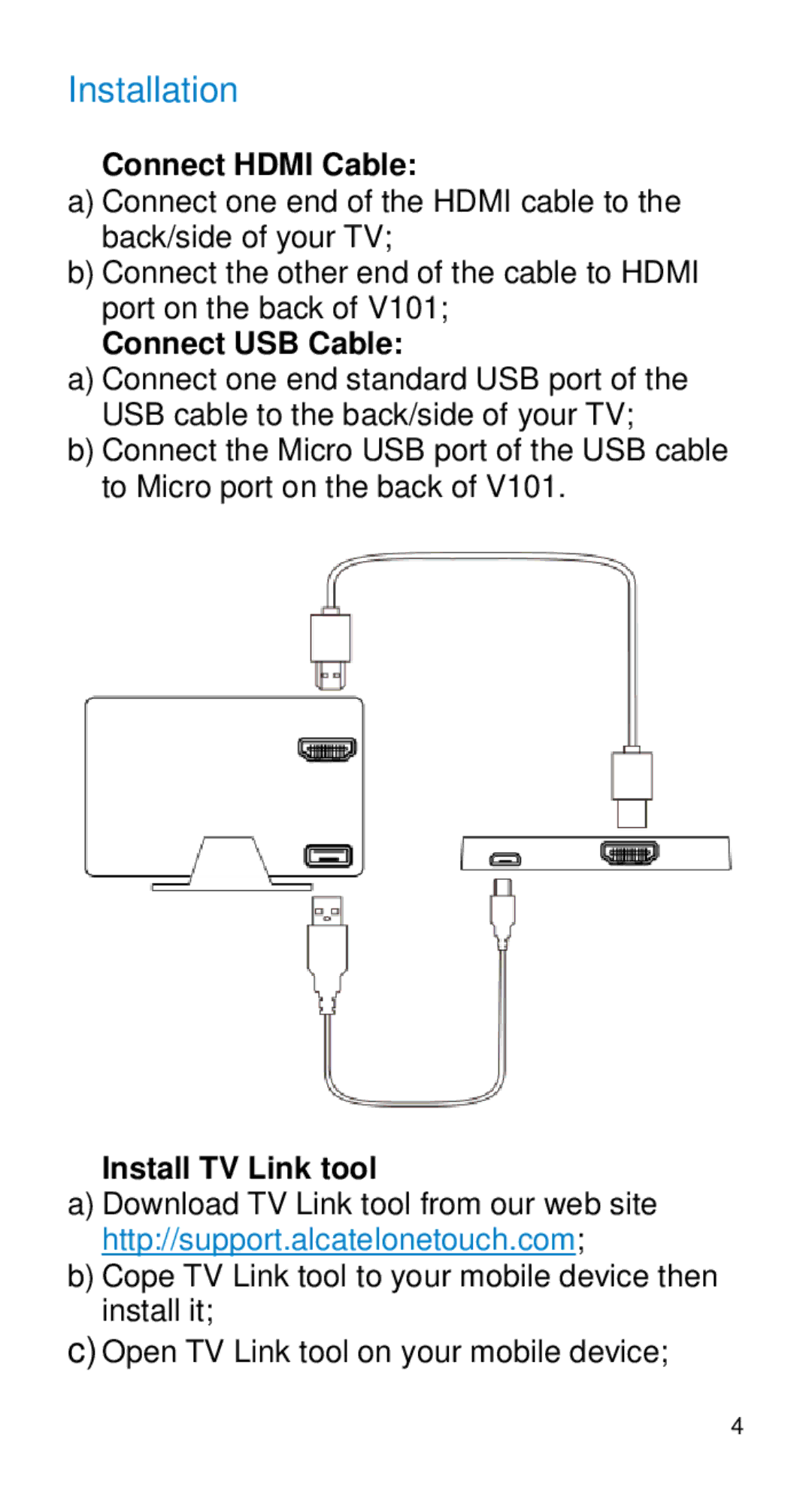 Alcatel Home V101 manual Installation, Connect Hdmi Cable, Connect USB Cable, Install TV Link tool 