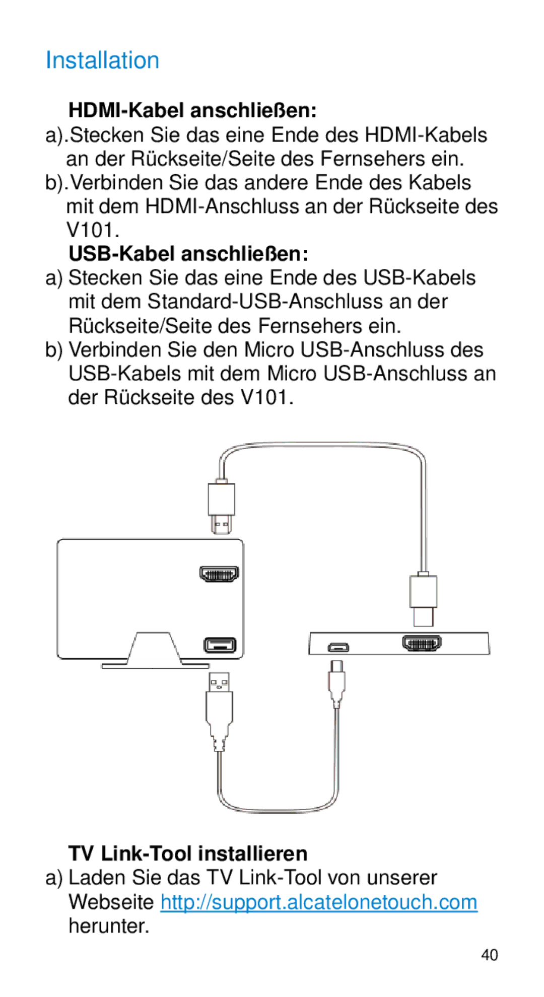 Alcatel Home V101 manual HDMI-Kabel anschließen, Mit dem HDMI-Anschluss an der Rückseite des, USB-Kabel anschließen 