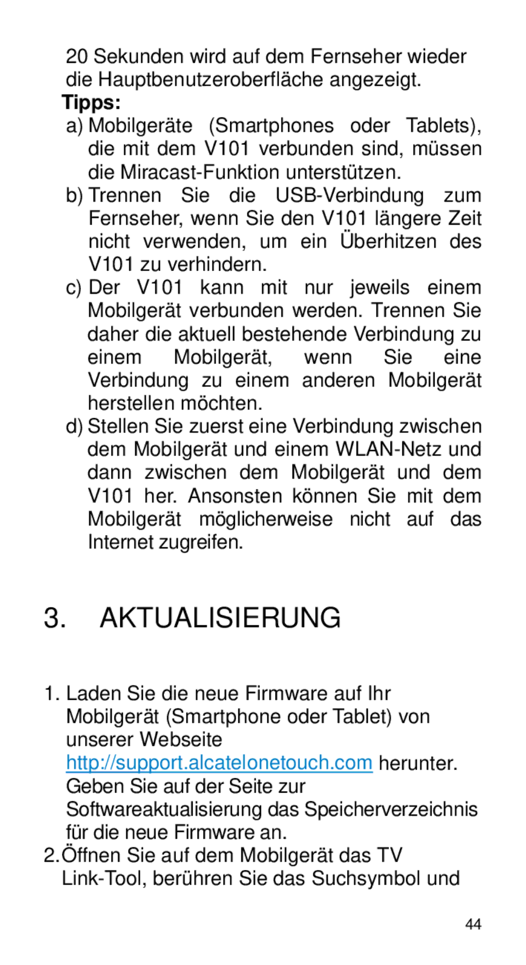 Alcatel Home V101 manual Aktualisierung, Tipps 