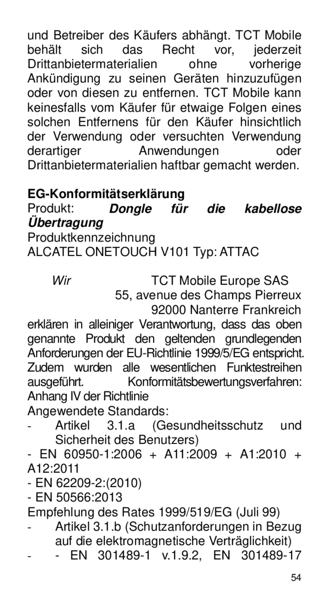 Alcatel Home V101 EG-Konformitätserklärung, Produktkennzeichnung Alcatel Onetouch V101 Typ Attac, EN 301489-1 v.1.9.2, EN 