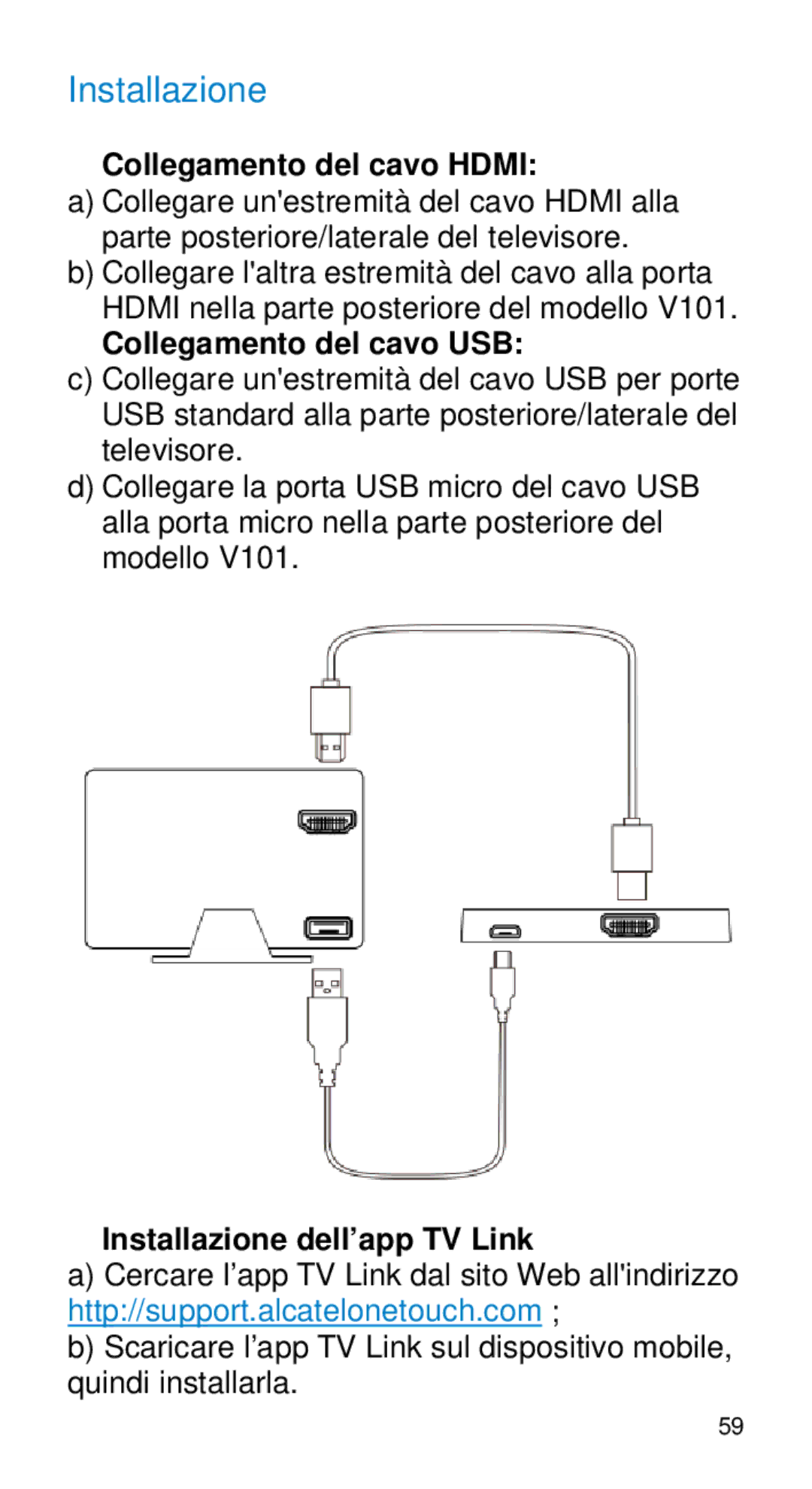 Alcatel Home V101 manual Collegamento del cavo Hdmi, Collegamento del cavo USB, Installazione dell’app TV Link 