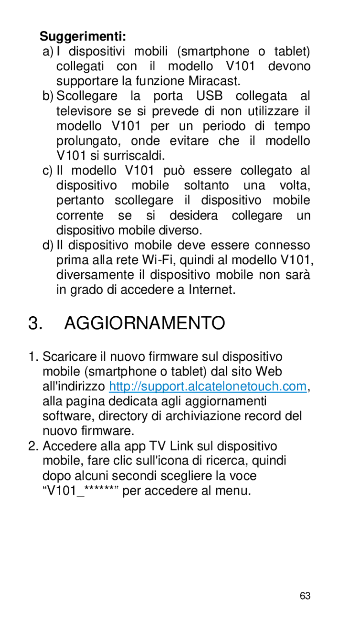 Alcatel Home V101 manual Aggiornamento, Suggerimenti 