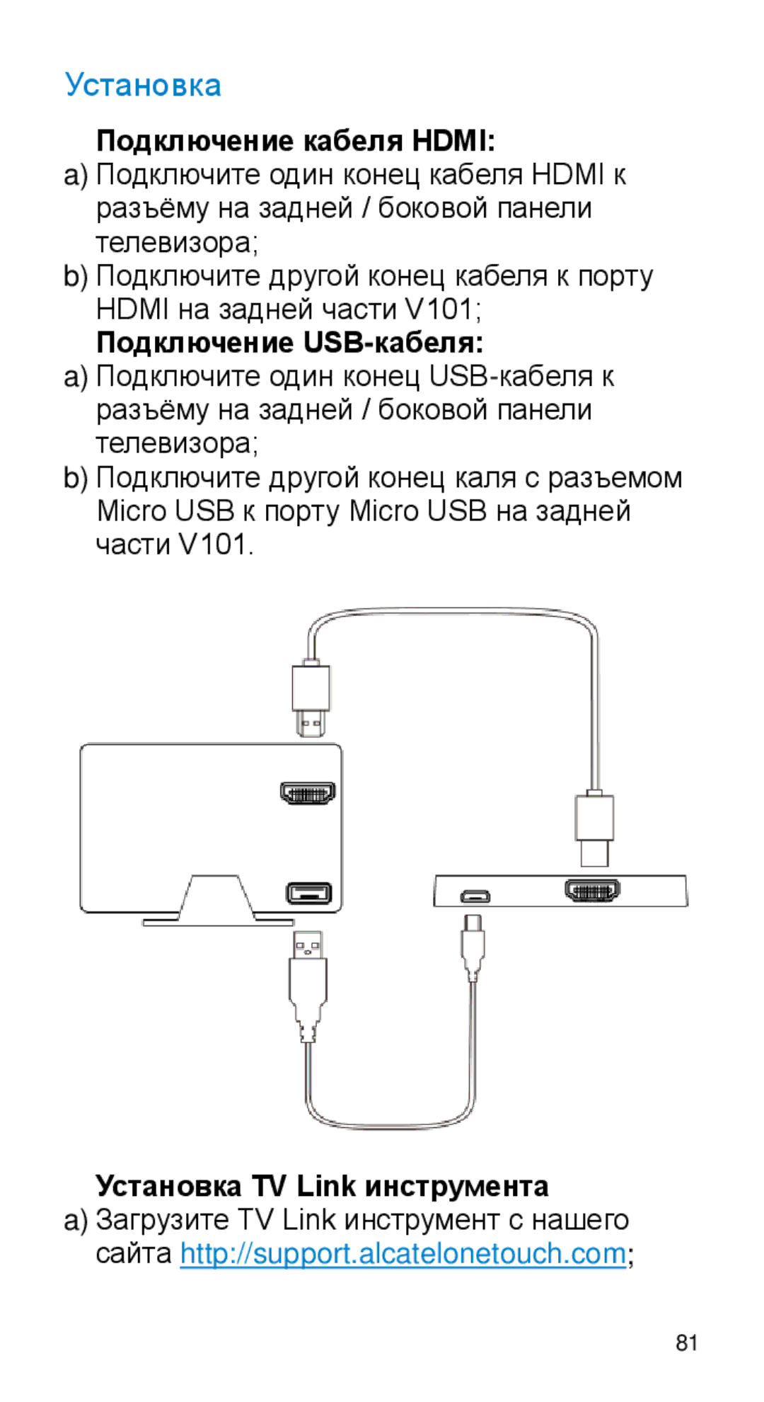 Alcatel Home V101 manual Подключение кабеля Hdmi, Подключение USB-кабеля, Установка TV Link инструмента 