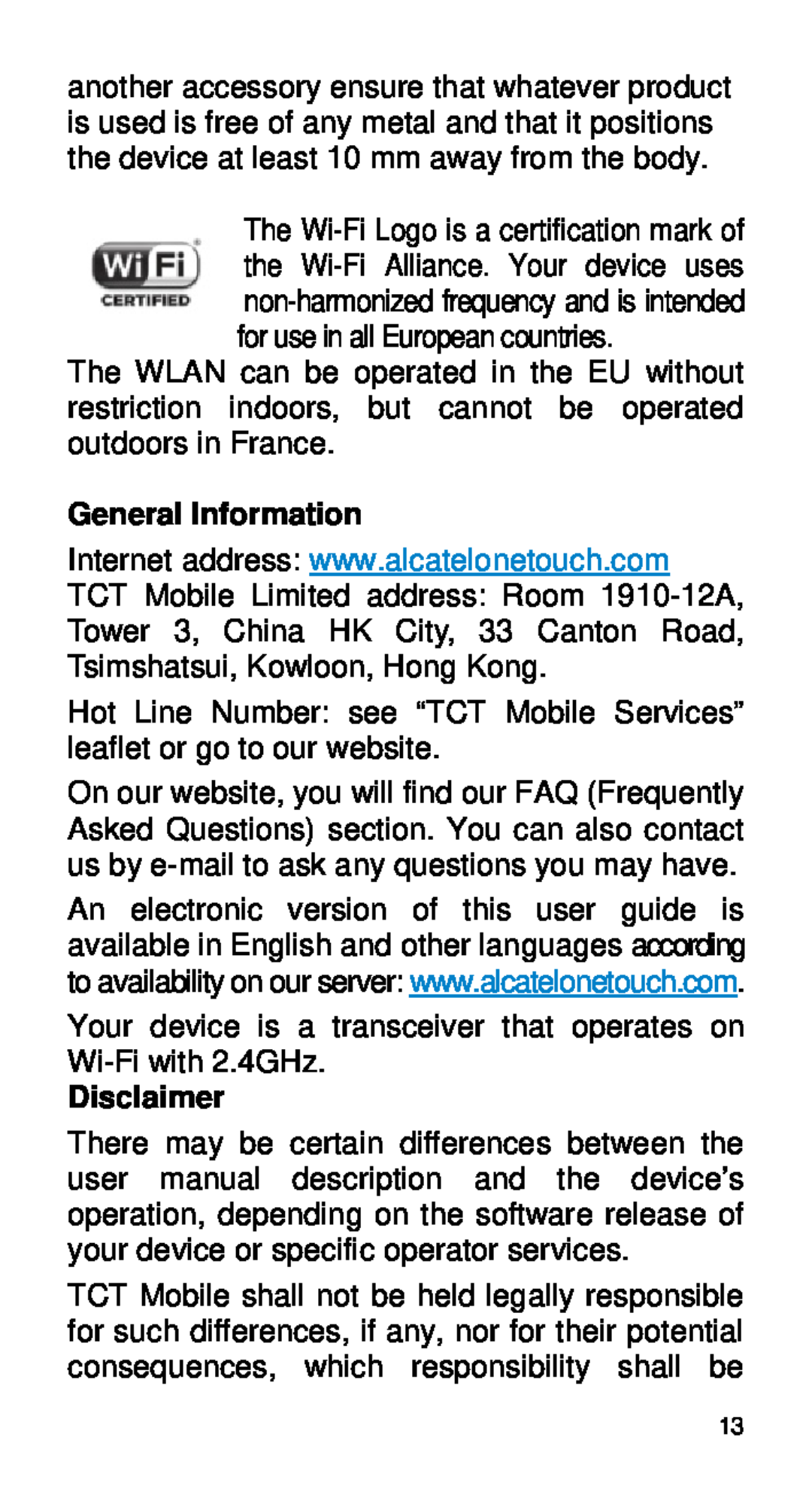Alcatel Home V101 manual General Information, Disclaimer 