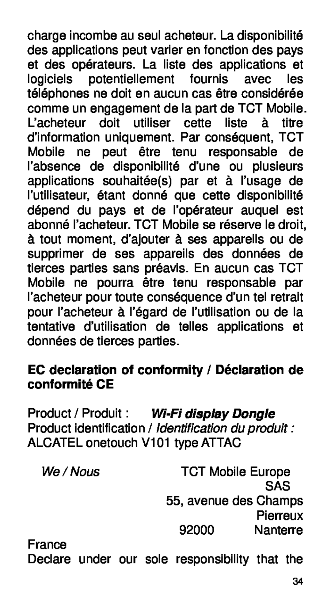 Alcatel Home V101 manual TCT Mobile Europe, 55, avenue des Champs, Pierreux, 92000, Nanterre, We / Nous 